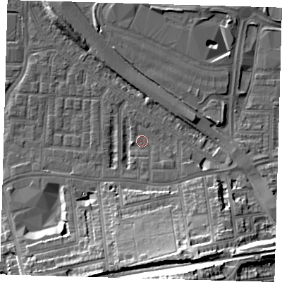 Shaded relief map of the ground around SE100RH, computed from Environment Agency LiDAR. The ground here sits at about 2 m above sea level and falls 30 m across the surrounding 800 m. Surface water reaching this point runs off ground lying to the south-south-east, 18.3 m higher.