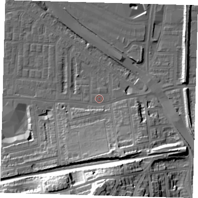 Shaded relief map of the ground around SE100RJ, computed from Environment Agency LiDAR. The ground here sits at about 3 m above sea level and falls 42 m across the surrounding 800 m. Surface water reaching this point runs off ground lying to the north, 0.7 m higher.