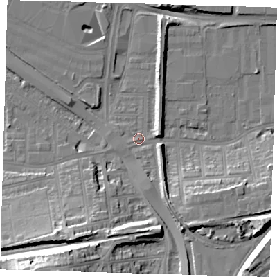 Shaded relief map of the ground around SE100RN, computed from Environment Agency LiDAR. The ground here sits at about 3 m above sea level and falls 33 m across the surrounding 800 m. Surface water reaching this point runs off ground lying to the south-south-west, 28.9 m higher.