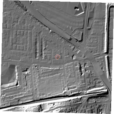 Shaded relief map of the ground around SE100RP, computed from Environment Agency LiDAR. The ground here sits at about 4 m above sea level and falls 40 m across the surrounding 800 m. Surface water reaching this point runs off ground lying to the south-south-east, 0.7 m higher.