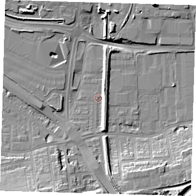 Shaded relief map of the ground around SE100RQ, computed from Environment Agency LiDAR. The ground here sits at about 2 m above sea level and falls 21 m across the surrounding 800 m. Surface water reaching this point runs off ground lying to the south-south-west, 11.0 m higher.