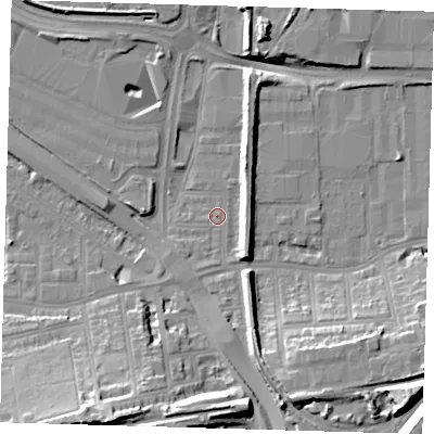 Shaded relief map of the ground around SE100RR, computed from Environment Agency LiDAR. The ground here sits at about 2 m above sea level and falls 24 m across the surrounding 800 m. Surface water reaching this point runs off ground lying to the south-south-west, 14.6 m higher.