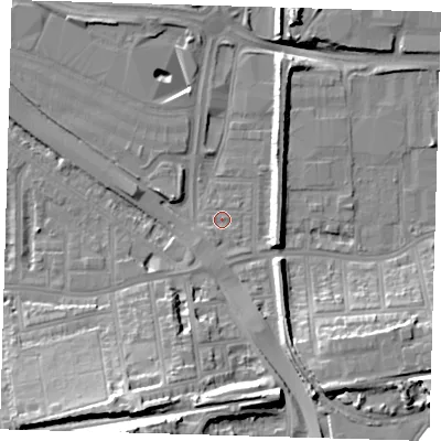 Shaded relief map of the ground around SE100RS, computed from Environment Agency LiDAR. The ground here sits at about 3 m above sea level and falls 28 m across the surrounding 800 m. Surface water reaching this point runs off ground lying to the south-south-east, 1.2 m higher.