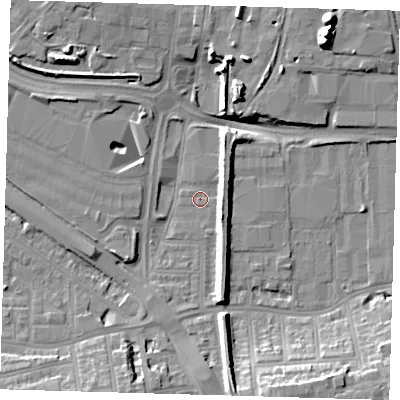 Shaded relief map of the ground around SE100RT, computed from Environment Agency LiDAR. The ground here sits at about 2 m above sea level and falls 17 m across the surrounding 800 m. Surface water reaching this point runs off ground lying to the north-east, 17.0 m higher.