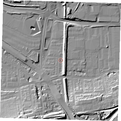 Shaded relief map of the ground around SE100RW, computed from Environment Agency LiDAR. The ground here sits at about 2 m above sea level and falls 23 m across the surrounding 800 m. Surface water reaching this point runs off ground lying to the south-south-west, 15.2 m higher.