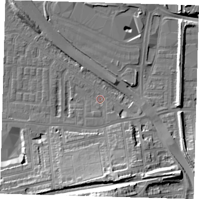 Shaded relief map of the ground around SE100RX, computed from Environment Agency LiDAR. The ground here sits at about 2 m above sea level and falls 30 m across the surrounding 800 m. Surface water reaching this point runs off ground lying to the south-south-east, 1.6 m higher.