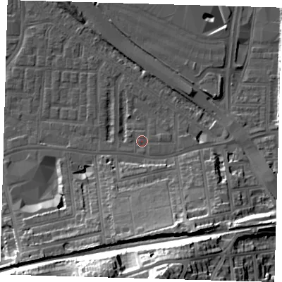 Shaded relief map of the ground around SE100RZ, computed from Environment Agency LiDAR. The ground here sits at about 3 m above sea level and falls 41 m across the surrounding 800 m. Surface water reaching this point runs off ground lying to the south-south-east, 18.3 m higher.