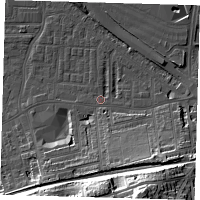 Shaded relief map of the ground around SE100SA, computed from Environment Agency LiDAR. The ground here sits at about 3 m above sea level and falls 42 m across the surrounding 800 m. Surface water reaching this point runs off ground lying to the west, 0.9 m higher.