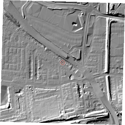 Shaded relief map of the ground around SE100SB, computed from Environment Agency LiDAR. The ground here sits at about 2 m above sea level and falls 24 m across the surrounding 800 m. Surface water reaching this point runs off ground lying to the south, 17.1 m higher.
