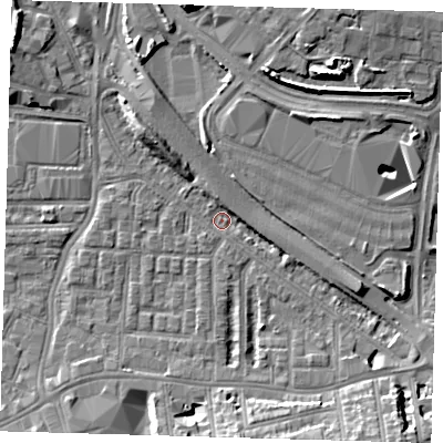 Shaded relief map of the ground around SE100SD, computed from Environment Agency LiDAR. The ground here sits at about 2 m above sea level and falls 10 m across the surrounding 800 m. Surface water reaching this point runs off ground lying to the south-east, 7.8 m higher.