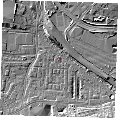 Shaded relief map of the ground around SE100SE, computed from Environment Agency LiDAR. The ground here sits at about 2 m above sea level and falls 10 m across the surrounding 800 m. Surface water reaching this point runs off ground lying to the south-east, 6.9 m higher.