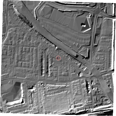 Shaded relief map of the ground around SE100SF, computed from Environment Agency LiDAR. The ground here sits at about 3 m above sea level and falls 20 m across the surrounding 800 m. Surface water reaching this point runs off ground lying to the south-south-east, 17.1 m higher.
