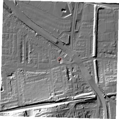 Shaded relief map of the ground around SE100SL, computed from Environment Agency LiDAR. The ground here sits at about 3 m above sea level and falls 37 m across the surrounding 800 m. Surface water reaching this point runs off ground lying to the south, 16.2 m higher.