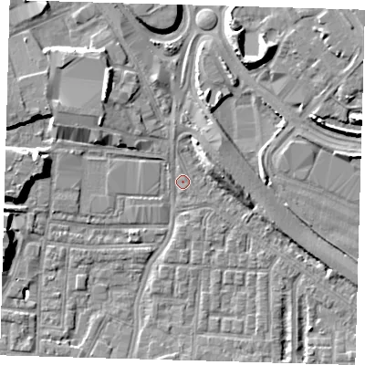Shaded relief map of the ground around SE100SP, computed from Environment Agency LiDAR. The ground here sits at about 2 m above sea level and falls 10 m across the surrounding 800 m. Surface water reaching this point runs off ground lying to the west-south-west, 7.7 m higher.