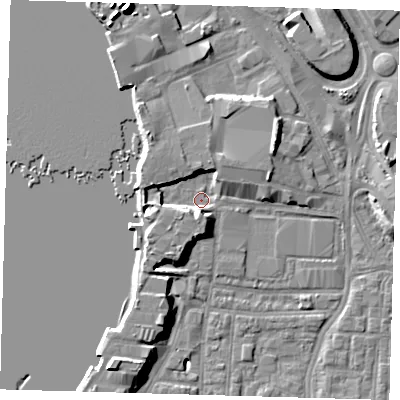 Shaded relief map of the ground around SE100TB, computed from Environment Agency LiDAR. The ground here sits at about 2 m above sea level and falls 13 m across the surrounding 800 m. Surface water reaching this point runs off ground lying to the south-west, 4.4 m higher.