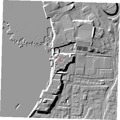 Shaded relief map of the ground around SE100TH, computed from Environment Agency LiDAR. The ground here sits at about 6 m above sea level and falls 9 m across the surrounding 800 m. Surface water reaching this point runs off ground lying to the east, 0.5 m higher.