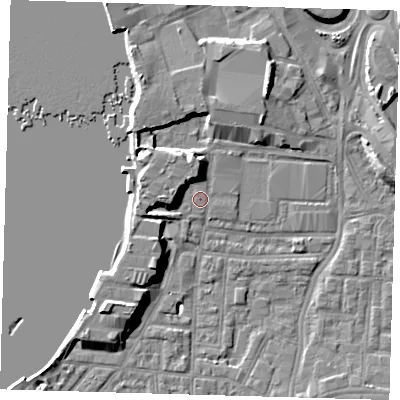 Shaded relief map of the ground around SE100TJ, computed from Environment Agency LiDAR. The ground here sits at about 3 m above sea level and falls 9 m across the surrounding 800 m. Surface water reaching this point runs off ground lying to the west, 4.1 m higher.