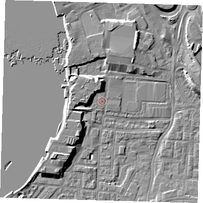 Shaded relief map of the ground around SE100TN, computed from Environment Agency LiDAR. The ground here sits at about 3 m above sea level and falls 9 m across the surrounding 800 m. Surface water reaching this point runs off ground lying to the west, 4.1 m higher.