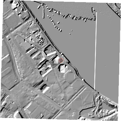Shaded relief map of the ground around SE100UD, computed from Environment Agency LiDAR. The ground here sits at about 6 m above sea level and falls 8 m across the surrounding 800 m. Surface water reaching this point runs off ground lying to the west-north-west, 3.7 m higher.