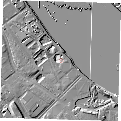 Shaded relief map of the ground around SE100UJ, computed from Environment Agency LiDAR. The ground here sits at about 6 m above sea level and falls 9 m across the surrounding 800 m. Surface water reaching this point runs off ground lying to the east-south-east, 3.0 m higher.