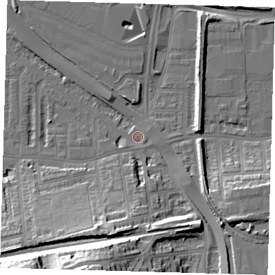 Shaded relief map of the ground around SE100US, computed from Environment Agency LiDAR. The ground here sits at about 3 m above sea level and falls 36 m across the surrounding 800 m. Surface water reaching this point runs off ground lying to the south, 15.0 m higher.