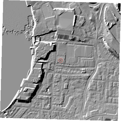 Shaded relief map of the ground around SE100UT, computed from Environment Agency LiDAR. The ground here sits at about 2 m above sea level and falls 9 m across the surrounding 800 m. Surface water reaching this point runs off ground lying to the south-west, 8.9 m higher.