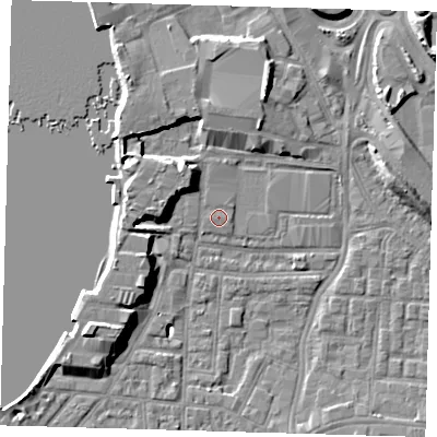 Shaded relief map of the ground around SE100UU, computed from Environment Agency LiDAR. The ground here sits at about 3 m above sea level and falls 9 m across the surrounding 800 m. Surface water reaching this point runs off ground lying to the west, 4.1 m higher.