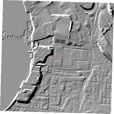 Shaded relief map of the ground around SE100XG, computed from Environment Agency LiDAR. The ground here sits at about 3 m above sea level and falls 9 m across the surrounding 800 m. Surface water reaching this point runs off ground lying to the west, 4.1 m higher.