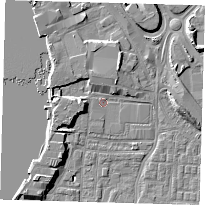 Shaded relief map of the ground around SE100XJ, computed from Environment Agency LiDAR. The ground here sits at about 2 m above sea level and falls 9 m across the surrounding 800 m. Surface water reaching this point runs off ground lying to the west-south-west, 4.8 m higher.