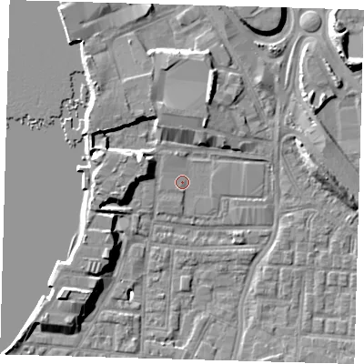Shaded relief map of the ground around SE100XN, computed from Environment Agency LiDAR. The ground here sits at about 2 m above sea level and falls 9 m across the surrounding 800 m. Surface water reaching this point runs off ground lying to the south-west, 8.9 m higher.
