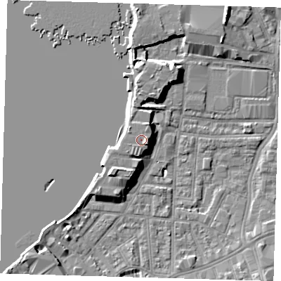 Shaded relief map of the ground around SE100YJ, computed from Environment Agency LiDAR. The ground here sits at about 6 m above sea level and falls 9 m across the surrounding 800 m. Surface water reaching this point runs off ground lying to the south-east, 1.0 m higher.