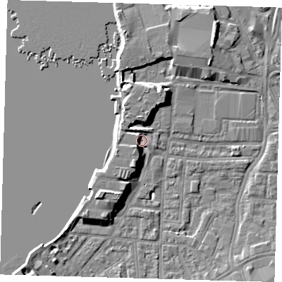 Shaded relief map of the ground around SE100YP, computed from Environment Agency LiDAR. The ground here sits at about 2 m above sea level and falls 9 m across the surrounding 800 m. Surface water reaching this point runs off ground lying to the south-south-west, 4.9 m higher.