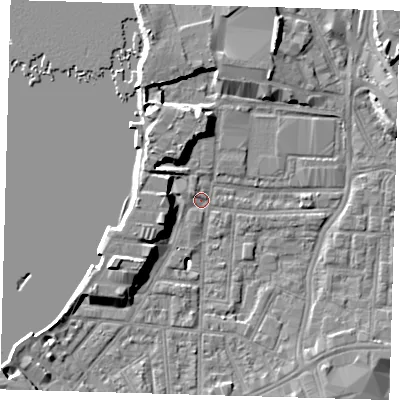 Shaded relief map of the ground around SE100YS, computed from Environment Agency LiDAR. The ground here sits at about 2 m above sea level and falls 9 m across the surrounding 800 m. Surface water reaching this point runs off ground lying to the south-west, 6.9 m higher.