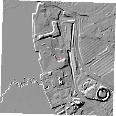 Shaded relief map of the ground around SE100ZQ, computed from Environment Agency LiDAR. The ground here sits at about 3 m above sea level and falls 16 m across the surrounding 800 m. Surface water reaching this point runs off ground lying to the south, 2.2 m higher.