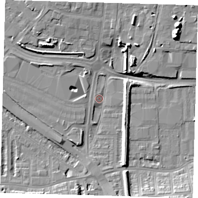 Shaded relief map of the ground around SE101ED, computed from Environment Agency LiDAR. The ground here sits at about 2 m above sea level and falls 17 m across the surrounding 800 m. Surface water reaching this point runs off ground lying to the west-south-west, 3.1 m higher.