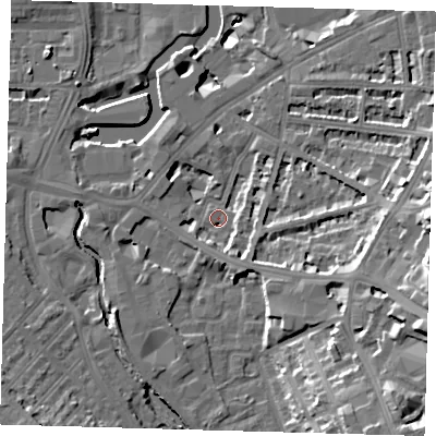 Shaded relief map of the ground around SE108BB, computed from Environment Agency LiDAR. The ground here sits at about 5 m above sea level and falls 23 m across the surrounding 800 m. Surface water reaching this point runs off ground lying to the south-east, 7.3 m higher.