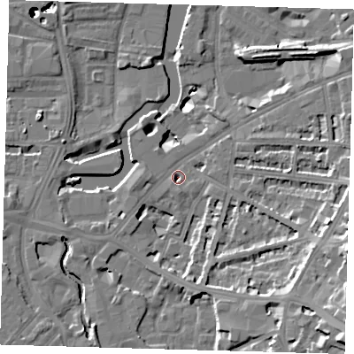 Shaded relief map of the ground around SE108BQ, computed from Environment Agency LiDAR. The ground here sits at about 4 m above sea level and falls 55 m across the surrounding 800 m. Surface water reaching this point runs off ground lying to the south-east, 17.1 m higher.