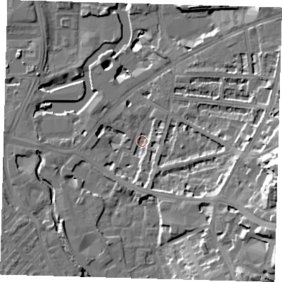 Shaded relief map of the ground around SE108BS, computed from Environment Agency LiDAR. The ground here sits at about 4 m above sea level and falls 29 m across the surrounding 800 m. Surface water reaching this point runs off ground lying to the east-south-east, 22.9 m higher.