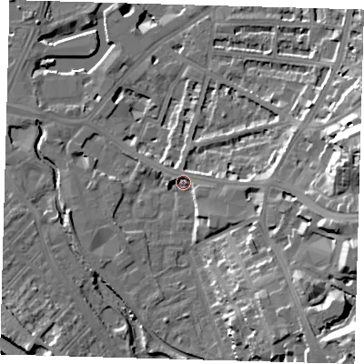 Shaded relief map of the ground around SE108DA, computed from Environment Agency LiDAR. The ground here sits at about 7 m above sea level and falls 27 m across the surrounding 800 m. Surface water reaching this point runs off ground lying to the east-south-east, 11.3 m higher.