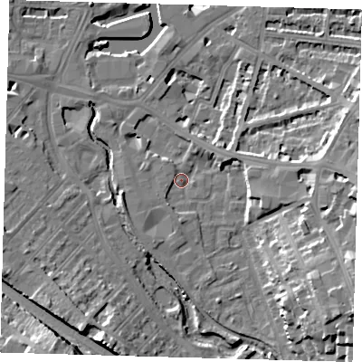 Shaded relief map of the ground around SE108DH, computed from Environment Agency LiDAR. The ground here sits at about 6 m above sea level and falls 20 m across the surrounding 800 m. Surface water reaching this point runs off ground lying to the south-south-west, 2.1 m higher.