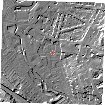 Shaded relief map of the ground around SE108DJ, computed from Environment Agency LiDAR. The ground here sits at about 5 m above sea level and falls 23 m across the surrounding 800 m. Surface water reaching this point runs off ground lying to the south-east, 20.6 m higher.