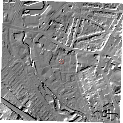 Shaded relief map of the ground around SE108DL, computed from Environment Agency LiDAR. The ground here sits at about 5 m above sea level and falls 20 m across the surrounding 800 m. Surface water reaching this point runs off ground lying to the south-east, 19.2 m higher.