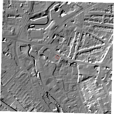 Shaded relief map of the ground around SE108DZ, computed from Environment Agency LiDAR. The ground here sits at about 5 m above sea level and falls 23 m across the surrounding 800 m. Surface water reaching this point runs off ground lying to the east-south-east, 5.9 m higher.