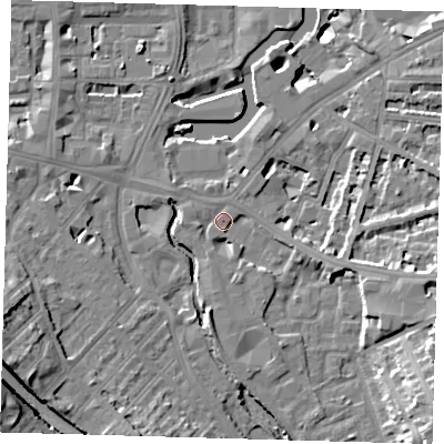 Shaded relief map of the ground around SE108EA, computed from Environment Agency LiDAR. The ground here sits at about 6 m above sea level and falls 21 m across the surrounding 800 m. Surface water reaching this point runs off ground lying to the south-east, 2.1 m higher.