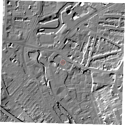 Shaded relief map of the ground around SE108ED, computed from Environment Agency LiDAR. The ground here sits at about 5 m above sea level and falls 23 m across the surrounding 800 m. Surface water reaching this point runs off ground lying to the east-south-east, 5.9 m higher.
