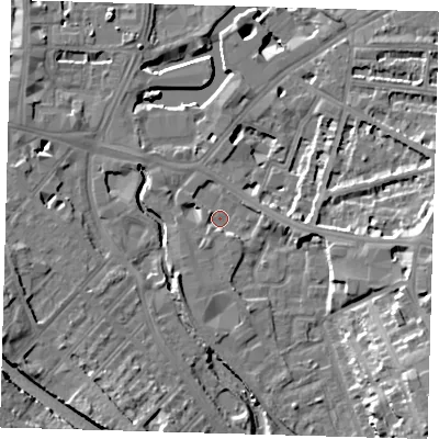 Shaded relief map of the ground around SE108EE, computed from Environment Agency LiDAR. The ground here sits at about 5 m above sea level and falls 18 m across the surrounding 800 m. Surface water reaching this point runs off ground lying to the south-east, 2.1 m higher.