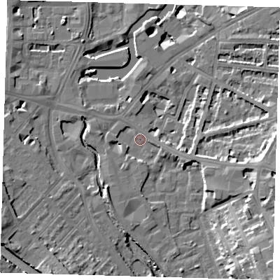 Shaded relief map of the ground around SE108EF, computed from Environment Agency LiDAR. The ground here sits at about 5 m above sea level and falls 23 m across the surrounding 800 m. Surface water reaching this point runs off ground lying to the east-south-east, 5.9 m higher.