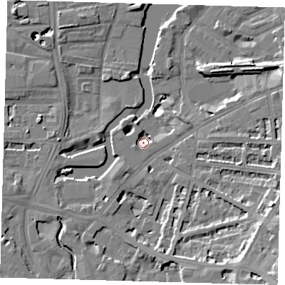 Shaded relief map of the ground around SE108EQ, computed from Environment Agency LiDAR. The ground here sits at about 3 m above sea level and falls 51 m across the surrounding 800 m. Surface water reaching this point runs off ground lying to the south-east, 16.1 m higher.