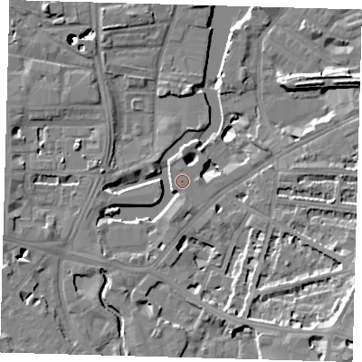 Shaded relief map of the ground around SE108ET, computed from Environment Agency LiDAR. The ground here sits at about 5 m above sea level and falls 49 m across the surrounding 800 m. Surface water reaching this point runs off ground lying to the south-east, 10.8 m higher.
