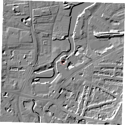 Shaded relief map of the ground around SE108EW, computed from Environment Agency LiDAR. The ground here sits at about 3 m above sea level and falls 49 m across the surrounding 800 m. Surface water reaching this point runs off ground lying to the north, 3.9 m higher.